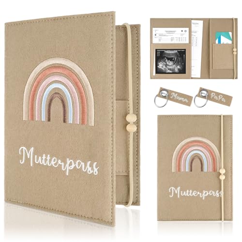 PlsMupn Portadocumentos, Fieltro con 4 Compartimentos, Banda Elástica, Portadocumentos bebé Personalizado con 2 Llaveros, Porta Documentos para Historial Médico & Cartilla de Vacunación - Caqui