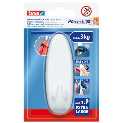 tesa Powerstrips Klebehaken XL Oval - 1 x Haken, 3 x Powerstrips XL, Weiß