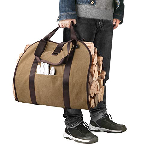 Bonthee 2 Handles Canvas Tool Bags With Pocket For Fireplace Firewood - Brown #TOP4