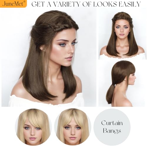 Image of 6x4 Lace Brown Bob Human Hair Wig with Bangs human hair wigs for white women Layered Lace Front Closure Curtain Bangs Wear and Go Glueless 100% Real Human Hair Wigs for White Women 16 Inch