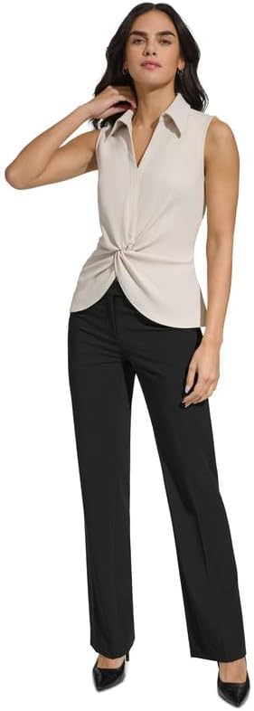 Calvin Klein Women's Collared Twist-Front Sleeveless Top (Stony Beige, X-Large)