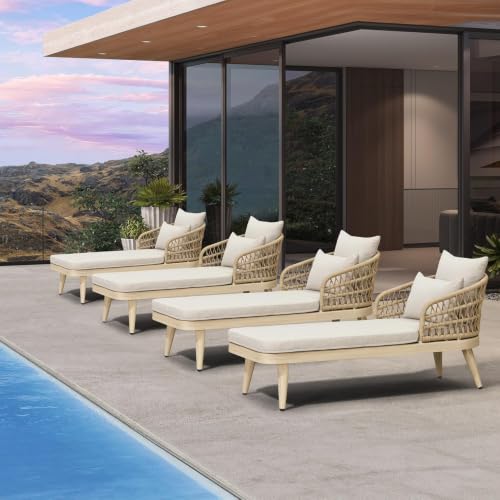 Image of PURPLE LEAF Patio Chaise Lounge Chair with 2 Pillows Aluminum Light Oak