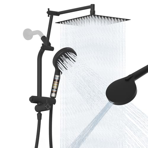 iFealClear 12" Black Metal Rain Shower Head, High-Pressure Showerhead Combo, 10-mode Filtered Handheld Spray, Easy Reach 4-Way Diverter with Pause Mode, Adjustable 16" Extension Arm, 71" Hose, Holder