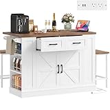 Keyluv Kitchen Storage Island with 2 Stools, 51.2” Mobile Kitchen Cart with Drop Leaf & Power Outlet, Rolling Island Table Dining Room Buffet with 2 Drawers & Side Storage Rack &Towel Rack, White