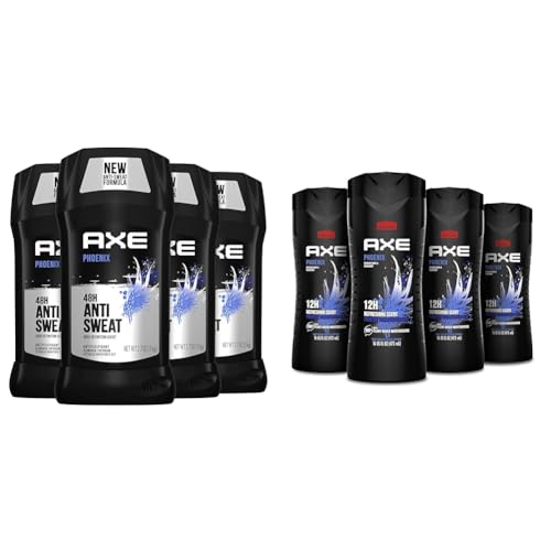 AXE Antiperspirant Deodorant for Men Phoenix 4PK 48H Sweat & Odor Protection for Long Lasting Freshness & Body Wash Phoenix 4 Count 12h Refreshing Scent Crushed Mint & Rosemary Men's Body Wash