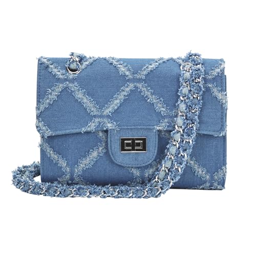 Arkefi Denim Purse for Women Quilted Crossbody Bag, Trendy Ladies Shoulder Bag Medium Flap Purse with Chain Strap
