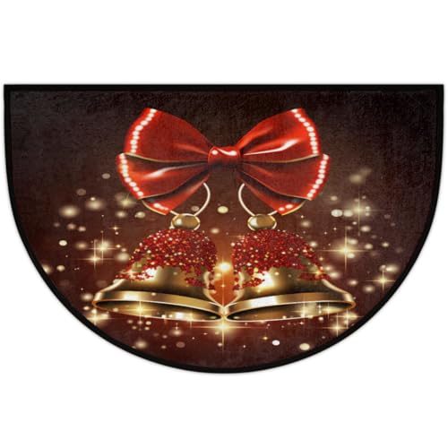 Image of cfpolar Christmas Red Bells Xmas Half Round Door Mat Outdoor Entrance Large 24 inchx36 inch Half Circle Welcome Entrance Way Mat Semi Circular Front Door Mat Area Rug for Garage, Patio, High Traffic Areas