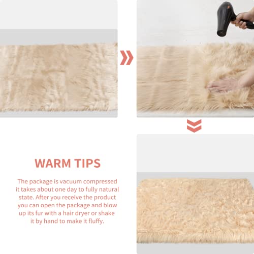 Ciicool Beige Fur Fluffy Rug, 2x4 ft Small Faux Fur Rugs for Bedroom, Washable Faux Sheepskin Rug for Sofa Couch Seat Cushion, Thick Shaggy Furry Rugs Floor Carpets for Bedside Living Room