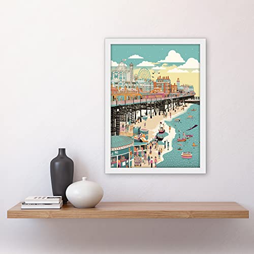 Artery8 Brighton Beach Pier and Sandy Summer Scene Artwork Framed A3 Wall Art Print, Framed White A3, 45.5L x 33W cm - Image 2