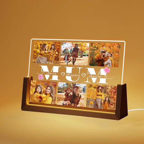 Personalized Mothers Day Gifts for Mom from Daughter Son, Customized Acrylic Plaque 8'x6' with Printed Photos、Walnut Picture Frame with LED, Mom Gift Ideas for Mother's Day Birthday (MUM-6)