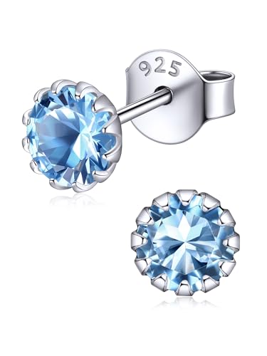 ChicSilver Round March Birthstone Stud Earrings for Women Small Gemstone Aquamarine Earrings Stud Hypoallergenic 925 Sterling Silver Cubic Zirconia Earrings for Sensitive Ear Birthday Jewelry