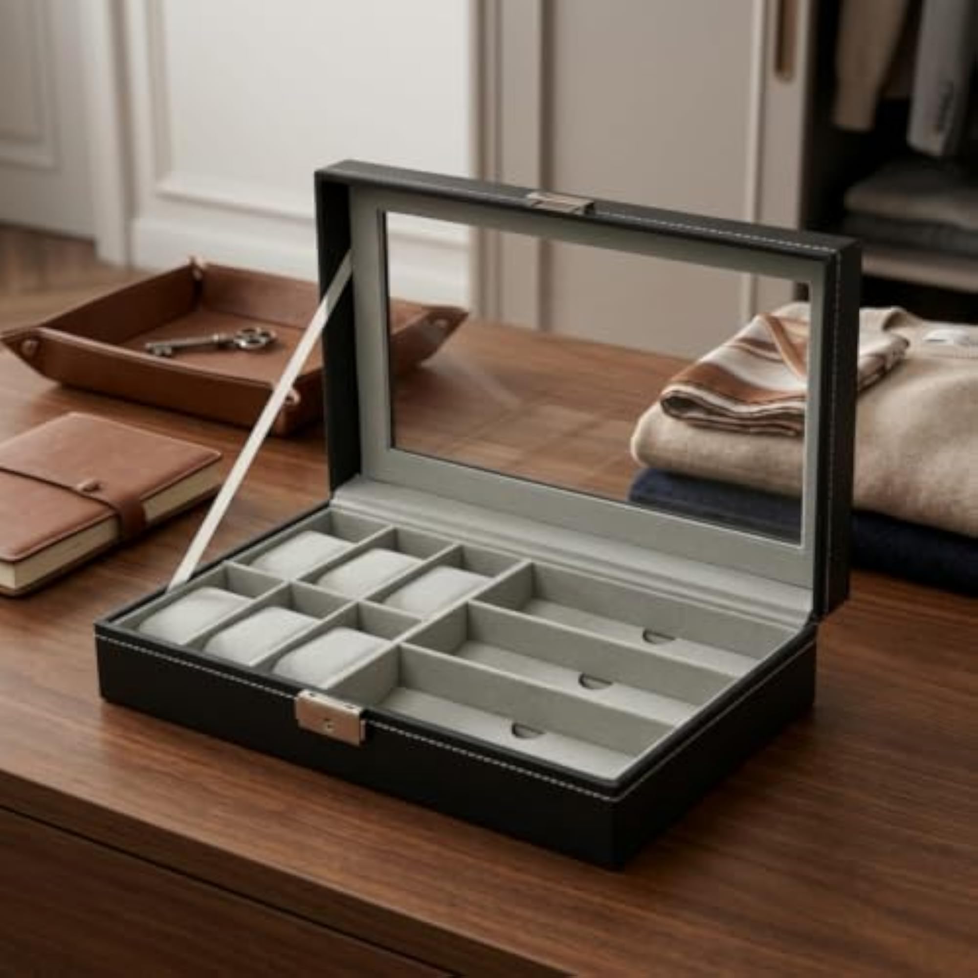 Dustproof Watch Box with Window Compartmented Jewelry Box