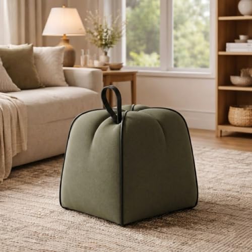 Image of CASASTYLE Signature Velure Suri Accent Pouf | Boston Fabric | 40D High-Density Foam | (Sage Olive Green) | Footrest, Vanity Ottoman & Accent Seat for Home, Office & Hotel