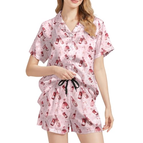 Image of Funny Satin Pajamas Set for Women Button Down Sleepwear Print Pjs Set 2 Piece Short Sleeve Loungewear Gift for Women