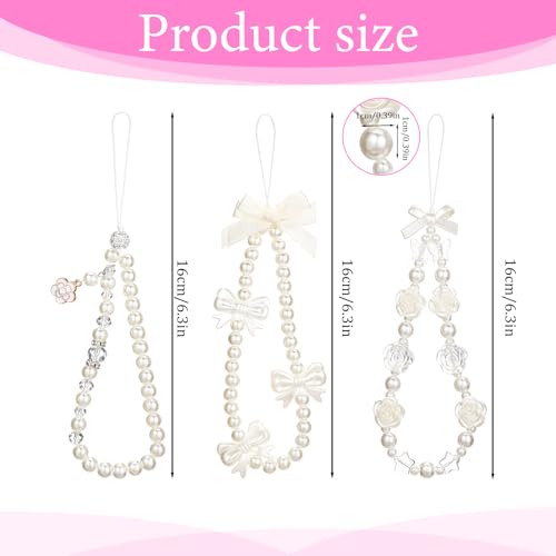 YBEATY 3 Pcs Phone Wrist Strap Beaded Pearl Butterfly Cell Phone Charm Strap Aesthetic Cellphone Bedazzling String Pendant Decor Cute Flower Bow Y2k Lanyard Accessories for Women Bag Keychain Wallet
