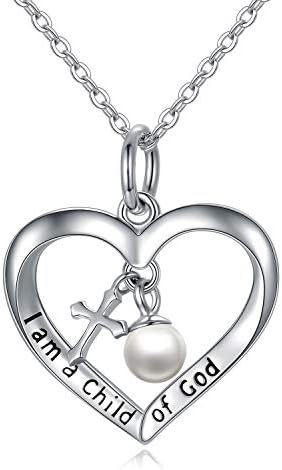 PEIMKO Baptism Gifts for Girls I am a Child of God Cross Heart Pendant Necklace 925 Sterling Silver First Communion Gifts for God Daughter - 14/16 Inch