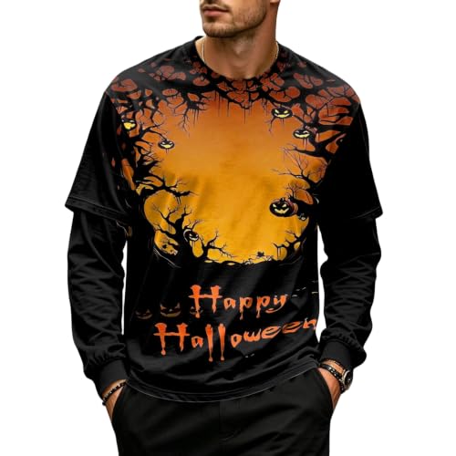 Halloween Long Sleeve Tshirts Shirts for Men Faux 2-Piece Pullover Top
