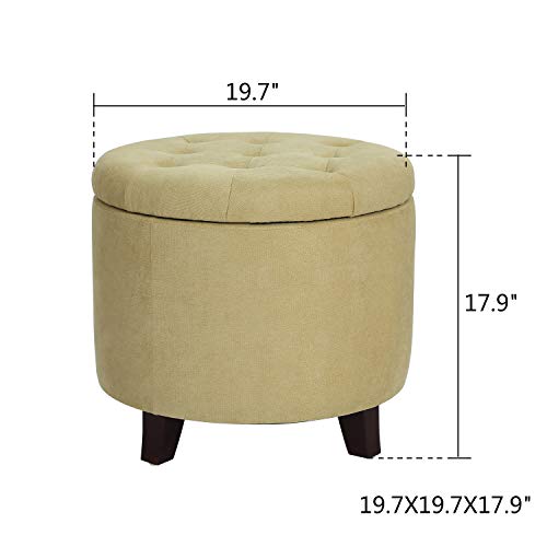 Adeco Fabric Cushion Round Button Tufted Lift Top Storage Footstool, Height 17 Inches Ottomans & Storage Ottomans, Flax Yellow #TOP2