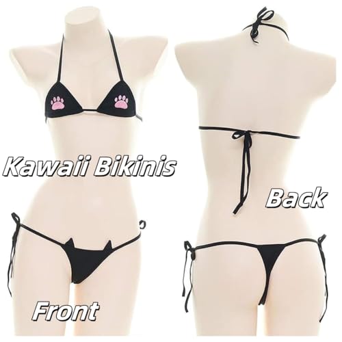 WBDWWTD Damskie seksowne bikini Set Extreme Micro Monokini 2-częściowy strój kąpielowy Stroje kąpielowe Słodka łapa kota Hafty Bielizna Halter Paski Koszulka Trianlge G String na letnią plażę