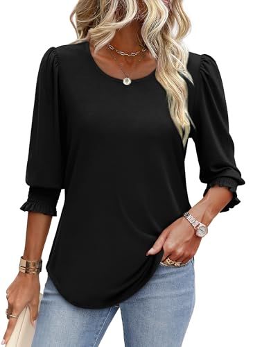 Image of XIEERDUO Blouses for Women Dressy Casual 3 /4 Length Sleeve Womens Tops with Smocked Cuffs
