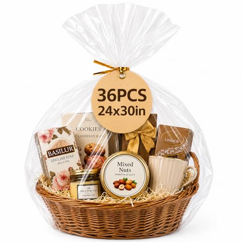 WIKDAY Cellophane Wrap for Gift Baskets with Twist Ties 24x30 Inches 36 PCS