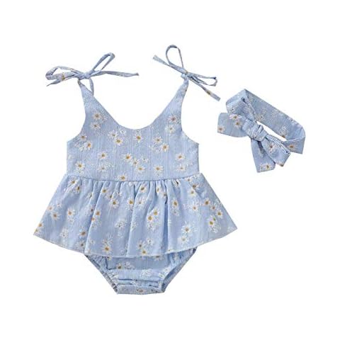 Newborn Baby Girl Little Daisy Print Condole Belt Summer Short Sleeve Romper Jumpsuit with Headband Bodysuit (Blue, 12-18 Months) Cover