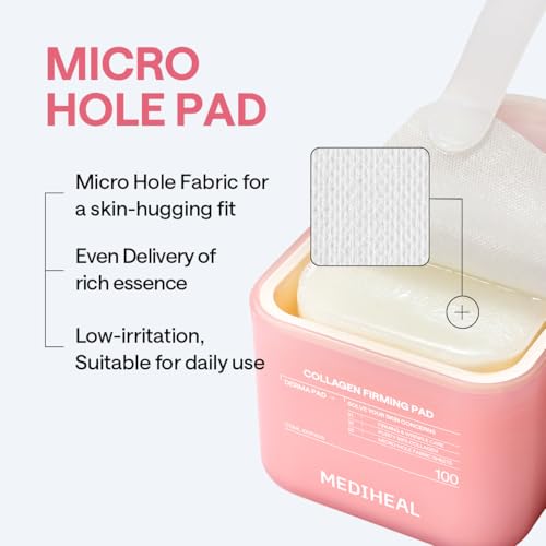 Image of MEDIHEAL Collagen Toner Pads, Skin Firming Korean Facial Pads with 98% Low-Molecular Collagen, Peptides & Retinol, Helps Restore Skin Elasticity, Removes Wrinkles & Fine Lines, Hydrating Daily Toner, Vegan (100 Count, 170ml)