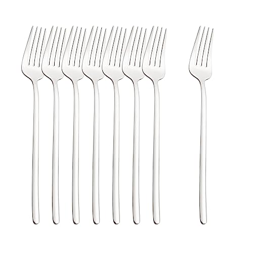 Snplowum 8-Piece Mirror Finish 304 Stainless Steel Dinner Fork, 8.66 Inch Fork Set For Dining Kitchen, Salad Seafood Dessert Fork Wedding Silverware, Silver