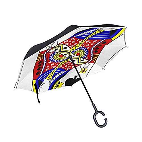 Parapluie de golf inversé double pliage anti-UV avec poignée en C motif cartes à jouer