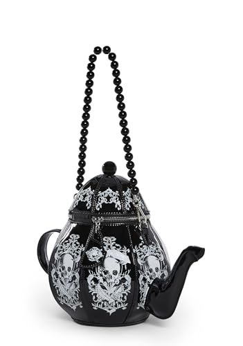 Dolls Kill Dark Delights Teapot Bag by Widow – Vegan Leather Skull Print Bag with Detachable Pearl Strap and Mini Teacup Charm3