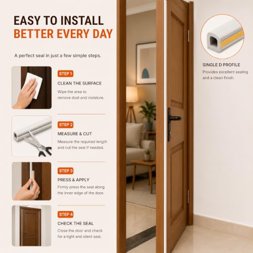 Image of MMT Acoustix Door Gap Filler | EPDM D Shape Self Adhesive Weather Stripping Seal Strip | Main Entry Door Seal | 18 Ft | White | 1 Pc