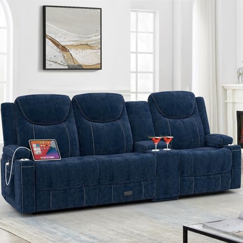 Dresegmt Recliner Sofa, 2 - Way Multi - Function Manual 3 Seater Couch with Cup Holders, Storage & USB Ports, Modern Multifunctional Sofa, Cloud-Like Blue Fabric Reclining Couch for Living Room