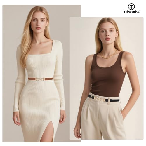 4 Pack Skinny Elastic Belts for Women Gold Buckle Thin Stretchy Waist Belts for Dresses3