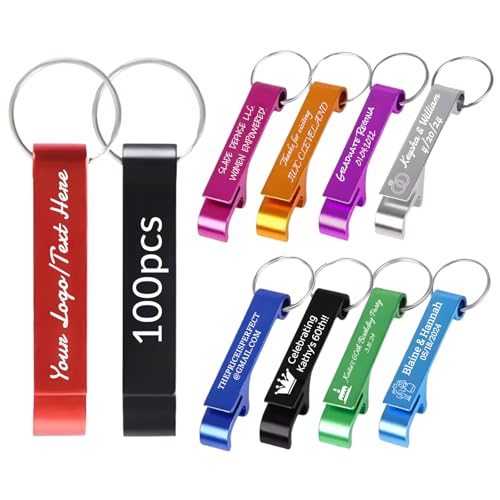 BEXOA 100 Pcs Personalised Bottle Opener Keyring - Bulk Customised Text/Logo Keychain Wedding Favors for Guests Party Gifts (100 PCS)