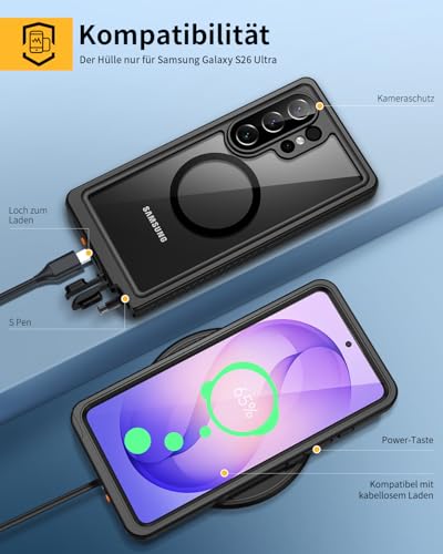 Lanhiem für Samsung Galaxy S26 Ultra Hülle, IP68 Wasserdicht Kompatibel mit Magsafe Handyhülle Samsung S26 Ultra 5G 360 Grad Stoßfest Staubdicht Sturzfest Outdoor mit Displayschutz, Schwarz