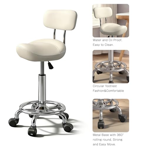 Image of Saddle Stool with Ring Pedal and Back, Adjustable Hydraulic Rolling Chair with Wheels for Medical, Massage, Salon, Spa, Kitchen, and Drafting Use