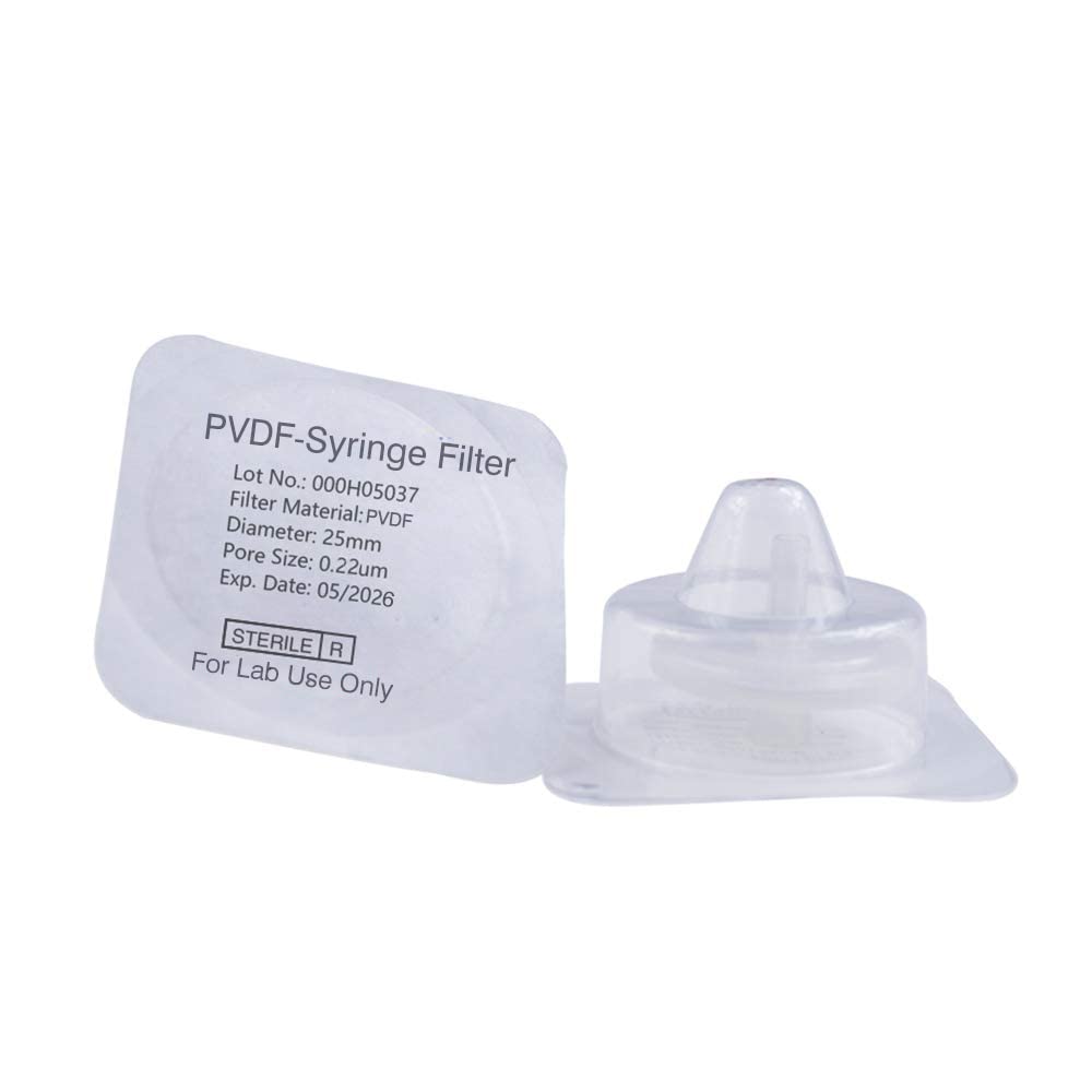 Sterile Syringe Filters PVDF Hydrophobic Membrane 25 mm Diameter 0.22 um Pore Size Individually Packaged 20/pk by Labfil
