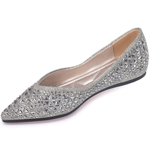 Women's Flats Comfortable Pointed Rhinestone Ballet Flats Soft Memory Foam Insole for Women Sparkle Elegant Dress Shoes