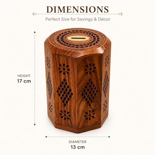 Image of Sheesham Wood Hand Crafted Master Size Large Piggy Bank | Gullak for Adults | Money Bank | Wooden Coin Bank for Boys and Girls - Open from Bottom Screw Plate- 7.5inch