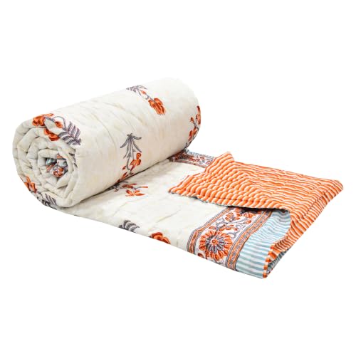 Image of BLOCKS OF INDIA Hand Block Printed Cotton King Size Quilt /Rajai | Grey Orange FLR