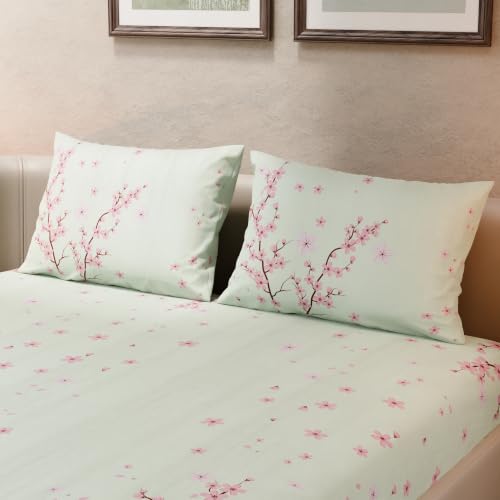 Image of BLISSHOME SoftTouch 140TC Cotton King Size Fitted Bedsheet with 2 Pillow Covers, Silky Smooth Bedding Set, Breathable, Easy Maintain, Floral Print - Pink, White (182cm x 198cm x 25cm Drop)
