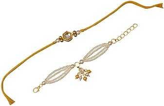 nestroots Golden Bloom Bhaiya Bhabhi Rakhi Set | Pearl Thread with Yellow Beads | Raksha Bandhan Gift for Brother & Sister-in-Law
