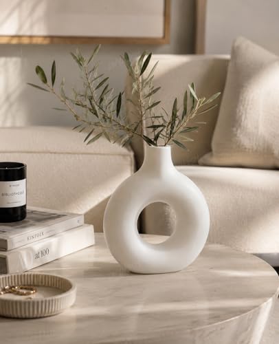 Image of Divyakosh White Donut Vase for Home Decor | Modern Geometric Flower Vase' (VASE' ONLY) for Center Table, Home Decoration Items for Living Room, Aesthetic Home Decor | 9 Inch