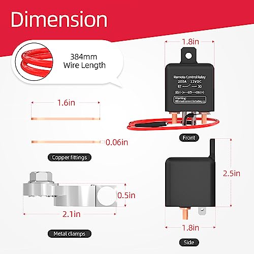 Joinfworld Remote Battery Disconnect Switch 12V 200A Car Kill Switch Anti-Theft Remote Control Switch with Two Remote Control Relay Fobs for Auto Truck Boat