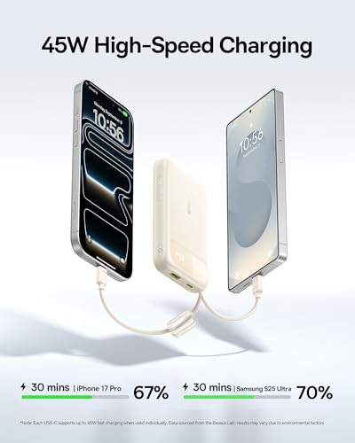 Image of Baseus 20000mAh Compact Portable Charger 45W, CCC Certified Power Bank Built-in USB-C Cables, Travel Essential PD Fast Charging Battery Pack for iPhone 17 /16 Series Galaxy S25 /S24 Ultra Google iPad