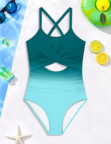 Image of Girl Swimsuit One Piece Cutout Ruched Bathing Suit for Girls Color Block Adjustable Straps Pad Swimwear 9-18y