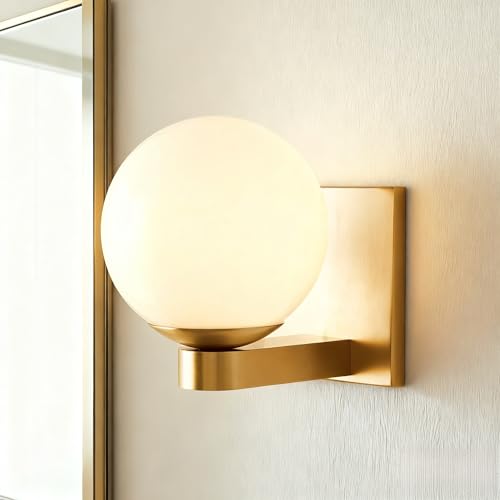 Single Modern Glass Globe Brushed Brass Sconce, Minimalist Bathroom Vanity Light Beside Mirror, Metal Base Indoor Outdoor Contemporary Wall Lamp for Bedroom, Dressing Table, Porch, Kitchen