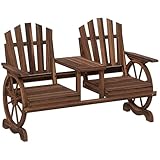 Outsunny Wooden Garden Bench with Table, Umbrella Hole, 2-Seat Wagon Wheel Outdoor Bench with Slatted Seat, High Backrest, Armrests for Backyard, Patio, Garden, Carbonized