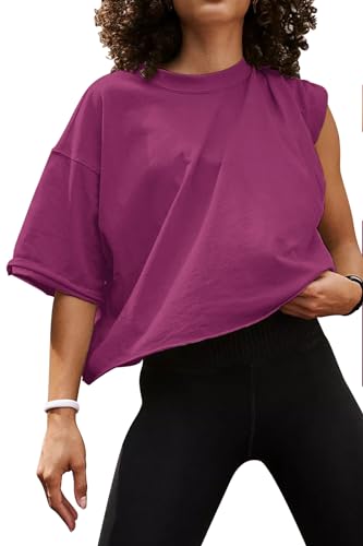 Image of HUGOOME Womens Oversized Workout Crop Top Casual Short Sleeve Boxy Roll Hem