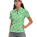 Fiqyvagox Green Four Leaf Clover Women's V-Neck 1/4 Zip Golf Polo Shirts Short Sleeve Elastic Slim Fit Clothes Fashion Moisture-Wicking Sportswear for St Patrick's Day, XL